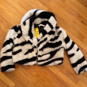 Zebra Print Faux Fur Jacket - Black and White